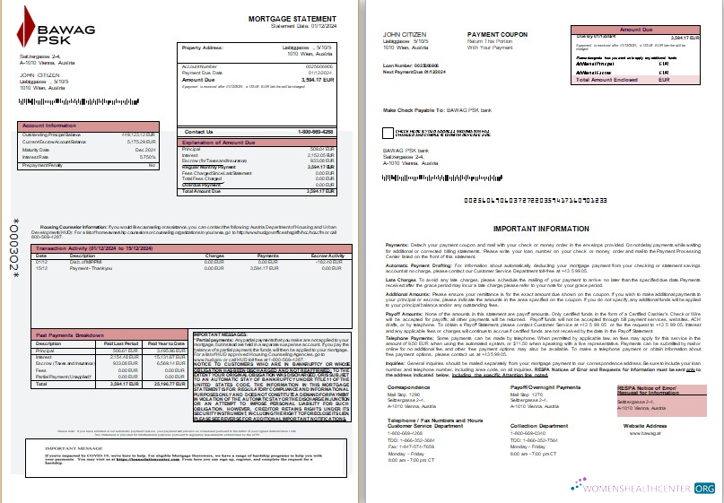 Download Austria BAWAG PSK bank mortgage statement, 3 pages, 1 2 scr Photoshop template